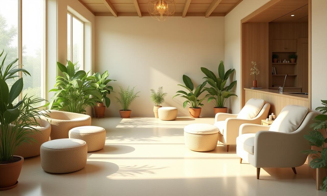 Interno sereno del salone HerbaLuxe Botanica con piante e luce naturale